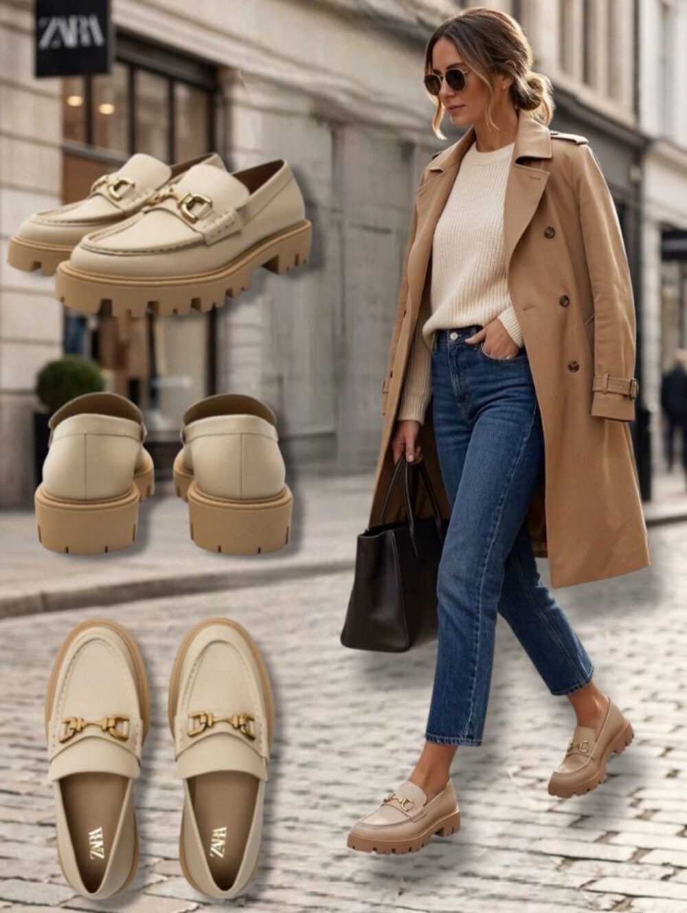 NWOT ♨️ ZARA Women's Beige Chunky Vegan Leather Gold Chain Lug Sole Loafers